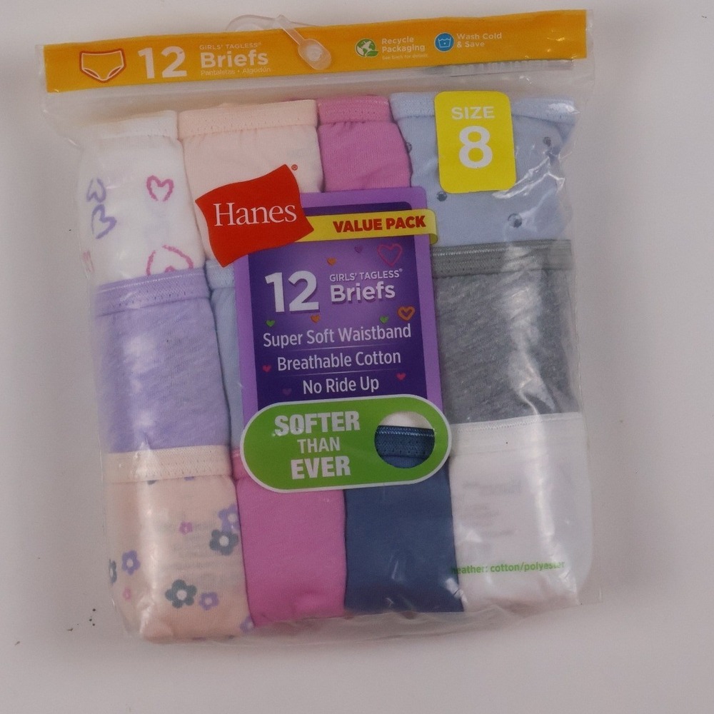 Hanes Girls Briefs Underwear 12 Pack Multi Color Print Size 8 Cotton NWT